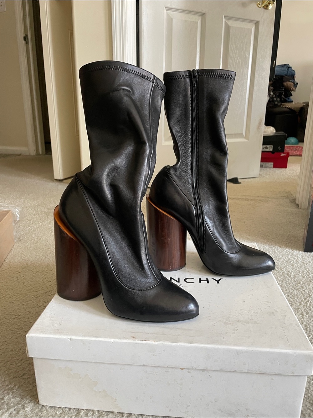 Givenchy Black Leather Prive Mid-Calf Boots with Sculpted Wooden Heels